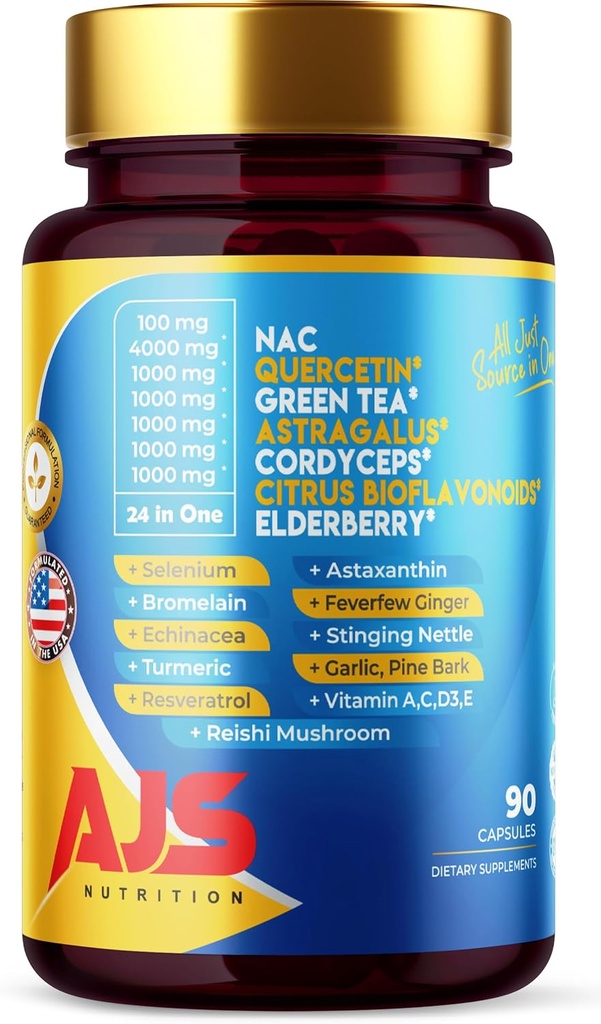 AJS Quercetin Nac 녹차 Cordycepscitrus Elderberry Selenium Bromelain Echinacea 심황 Resveratrol Astaxanthin Feverfew Ginger Reishi 버섯 90 모자 1에서 20