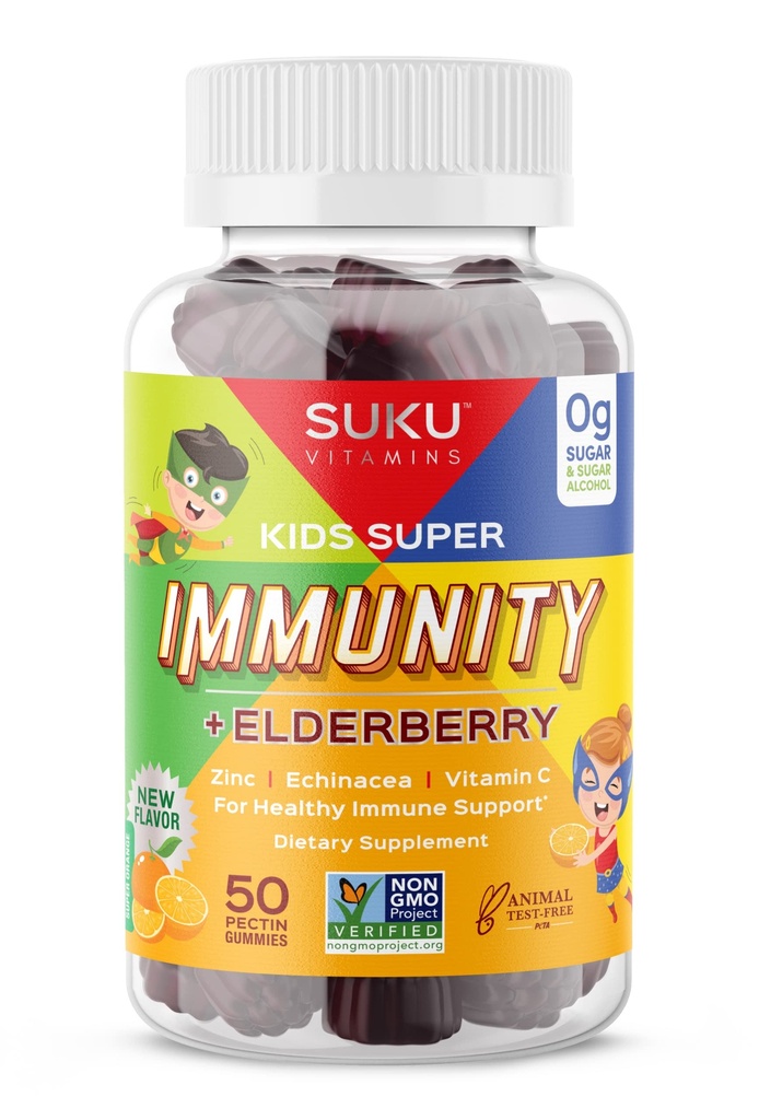 SUKU 비타민 - 아이 슈퍼 면역 - Elderberry, Echinacea, 비타민 A 및 아연 Gummies Immune 지원 - Chew에 쉬운 - 비 GMO, 글루텐 설탕 무료 - 석류 석류 거미 비타민, 50 조사