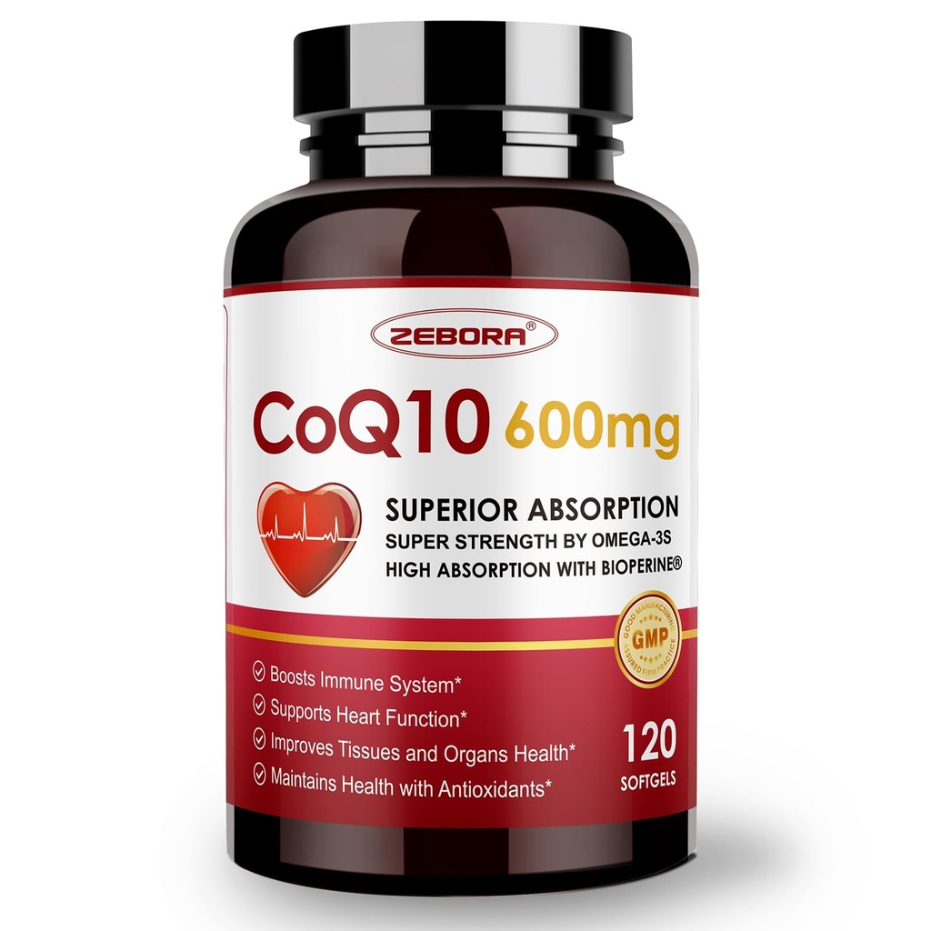 ZEBORA CoQ10-600mg-Softgels - PQQ, Omega-3 & BioPerine를 가진 여분 힘 Coenzyme Q10 - 심장 건강 & 에너지 생산을 위한 높은 흡수 이산화탄소 (Ubiquinone), 120 Softgels