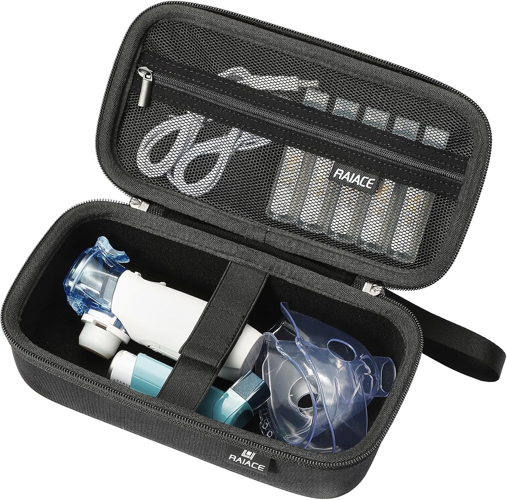 휴대용 소형 흡입기 분무기 기계, Asthma 흡입기 여행 부대를 위한 RAIACE 단단한 저장 상자. 약과 부속품을 위한 붙박이 메시 주머니. (케이스 전용) - 블랙