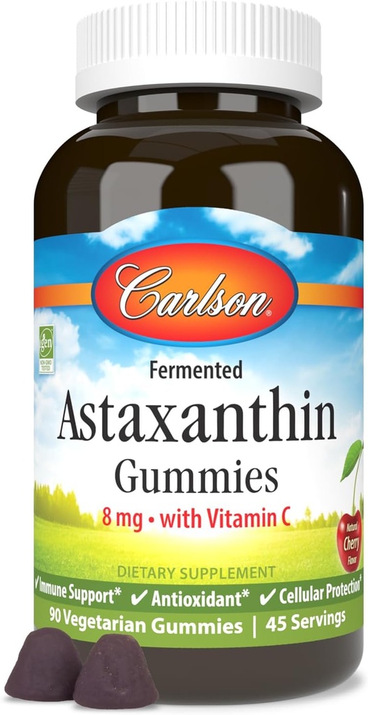 Carlson - Astaxanthin Gummies, 비타민 C, 면역 지원, 산화 방지제, 심장 건강, 비 GMO, 체리 맛, 90 채식 구미