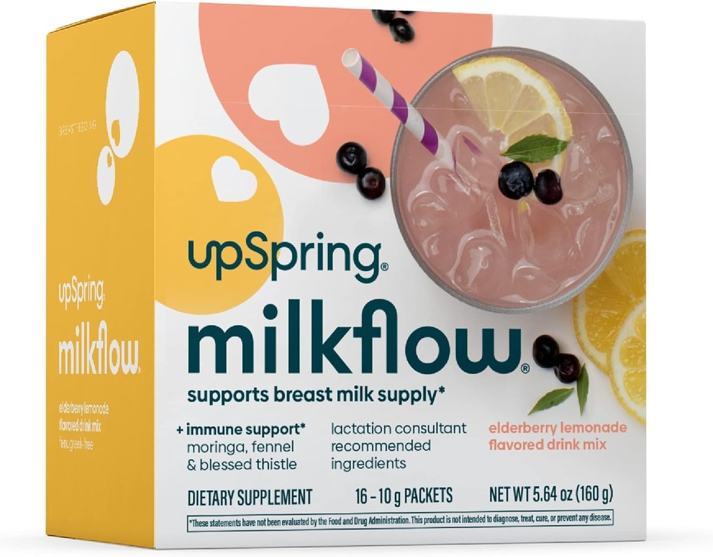 UpSpring Milkflow Immune 지원 Breastfeeding 보충 음료 혼합 Fenugreek-Free, Moringa Elderberry Lemonade 풍미, Breast 우유 공급, 16의 혼합을 지원하는 Lactation 보충교재