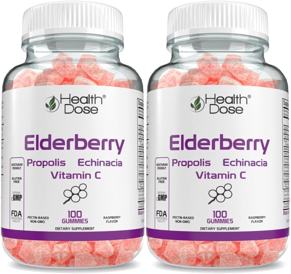 건강 복용량 Elderberry Sambucus Gummy Vitamins Kids 100 Gummies. Propolis Extract, Echinacea, 비타민 C, Yummy Raspberry flavor, Vegan, Gluten-Free, Defense, 면역 지원 부스터와 함께. 팩 2