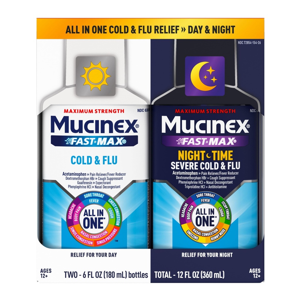 Mucinex는 성인을 위한 빠르고 최대 감기와 독감 & Nightshift 약, Sore Throat 기복, Decongestant, 기침 & 찬 약 (2 x 6 Fl Oz)를 위한 간장 콤보 팩