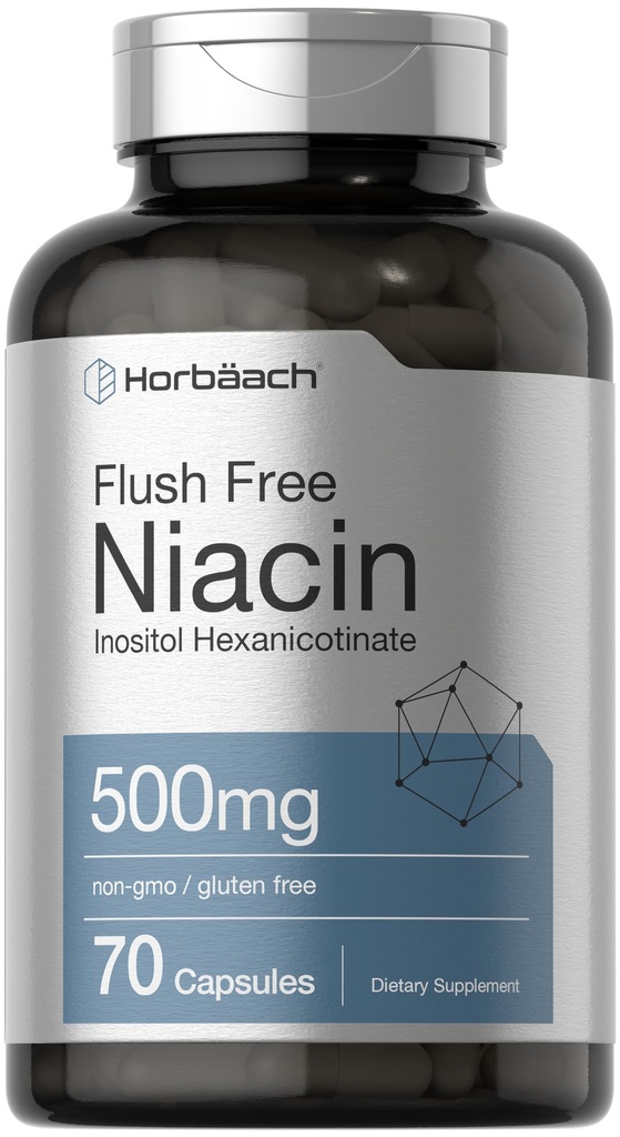 Horbaach Niacin 500mg | 70 캡슐 | 플러시 무료 보충 | Inositol Hexanicotinate | Non-GMO 및 글루텐 무료