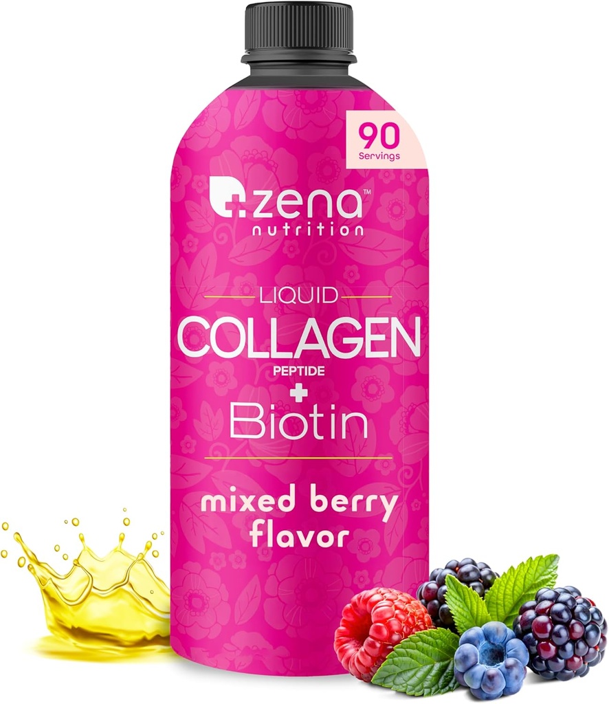 Zena 영양 액체 교원질 펩티드와 Biotin, 2500mg Verisol 생물 활성 교원질 펩티드, 5000mcg Biotin, 머리, 피부, 여자와 남자를 위한 못 보충교재, 혼합 Berry, 90의 서빙, 30의 fl oz
