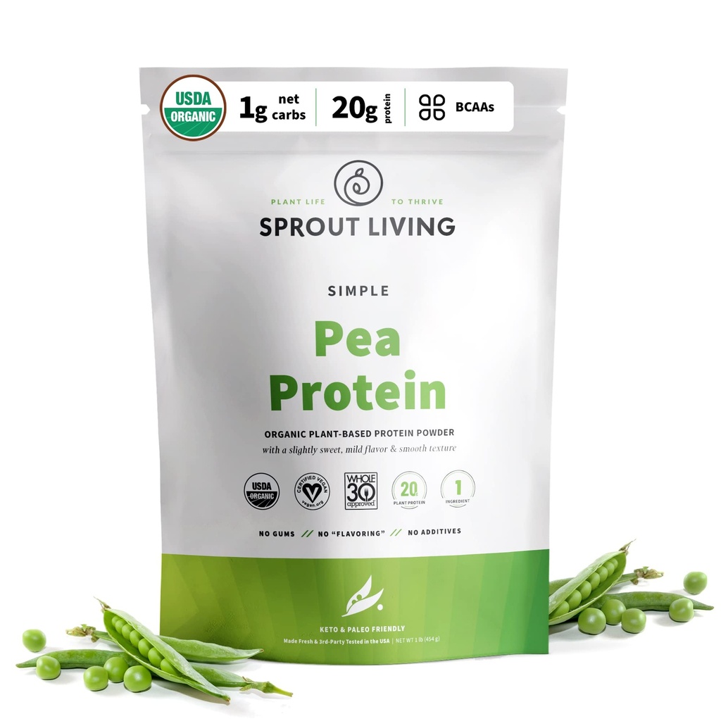 Sprout Living Organic Pea Protein Powder, Unflavored, 20 그램의 식물 기반 유기 단백질 분말 인공 감미료, 비 유제품, 비 GMO, Vegan, 글루텐 무료 (1 파운드, 19 서빙)