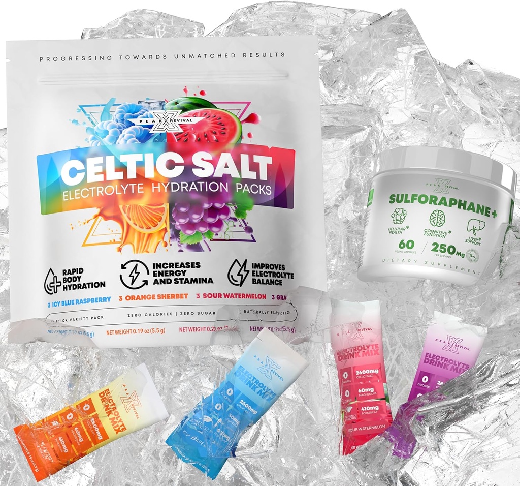 Real Lab-Verified Sulforaphane 보충교재 + Electrolytes 분말 소포 Celtic 소금의 5000mcg 12 Electrolyte 소포