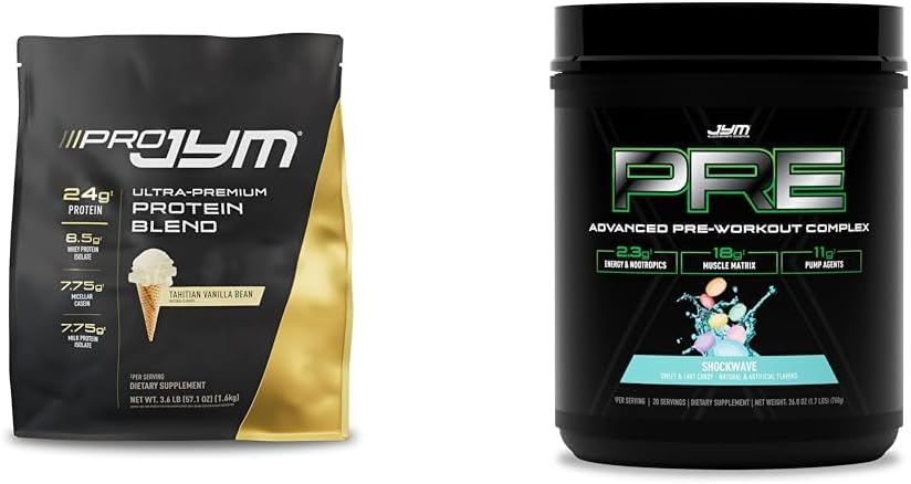 직업적인 JYM 45는 PRE JYM X Pre-Workout를 가진 단백질 분말 뭉치를 서빙합니다