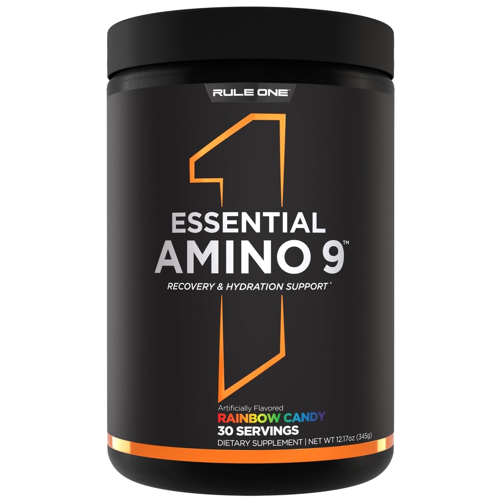 규칙 1 Essential Amino 9 – 7.5g의 Essential Amino Acids + Electrolytes (30 서빙, 레인보우 캔디)와 복구 & Hydration 지원
