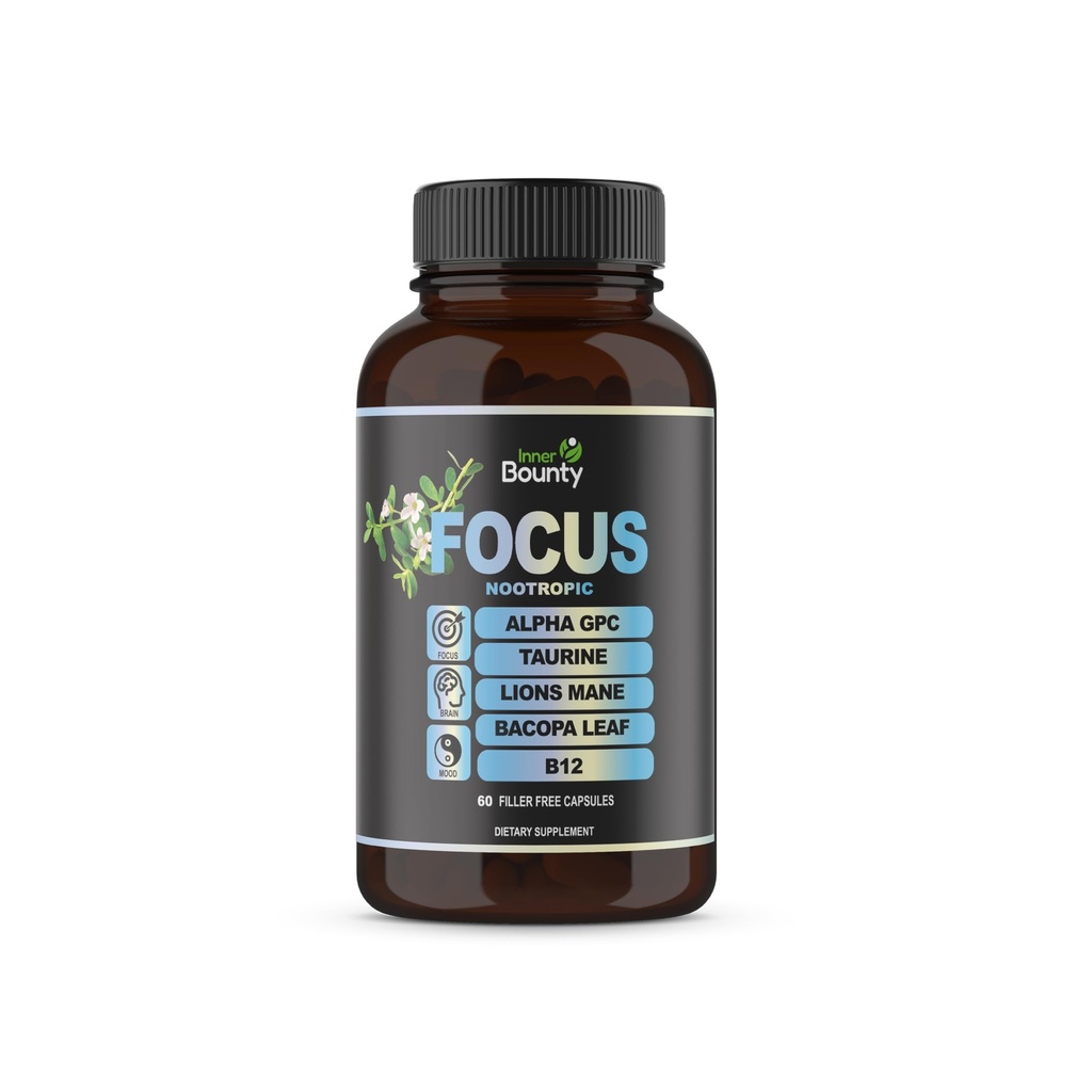 Lions Mane, Alpha GPC Choline, Vitamin C & B12, Taurine, Bacopa - Energy, Cognitive, Memory Support, 60 Filler 무료 캡슐과 14-in-1 Nootropic Brain Supplement 초점