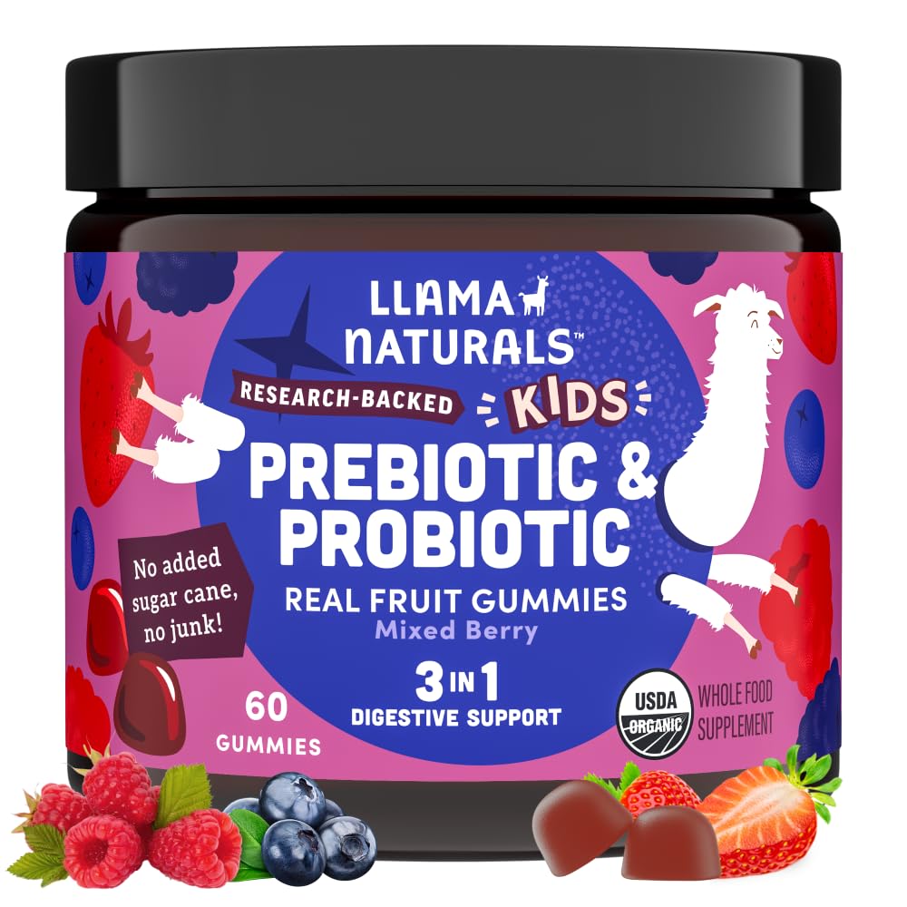 Llama Naturals Kids Probiotics with Prebiotic Fiber, Vegan, Organic Prebiotics and Probiotics Gut Health Support, Toddler Real Fruit Gummy Vitamins, No add Sugar Cane, 혼합 Berry, 60 Ct