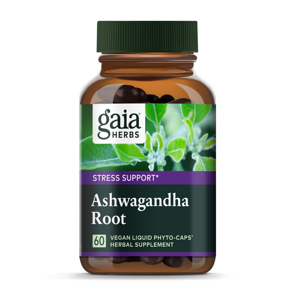 가이아 허브 Ashwagandha 뿌리 - 유기 Ashwagandha 뿌리로 만들어 스트레스, 면역 체계 및 휴식 수면에 건강한 응답을 지원합니다 - 60 Vegan 액체 Phyto-Capsules (30 일 공급)