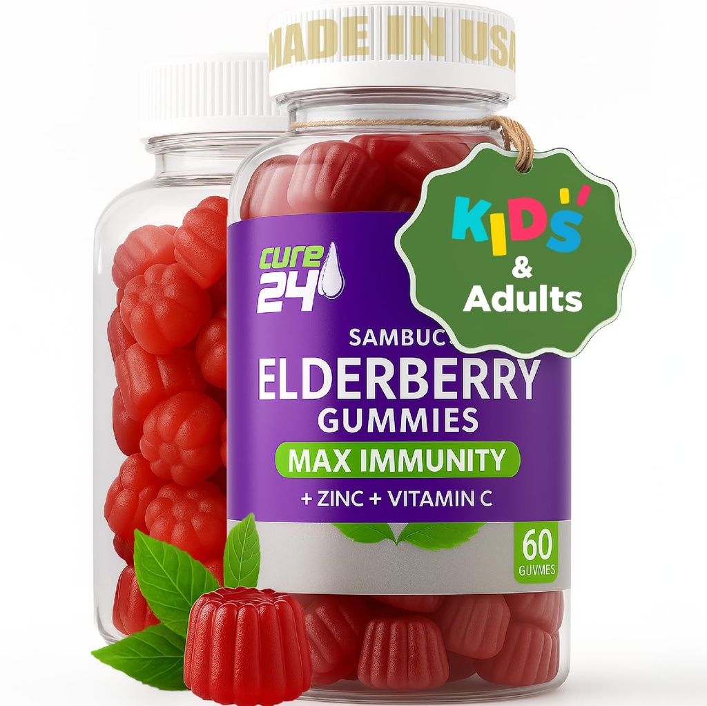 Sambucus Elderberry Gummies + 비타민 C + 어린이 및 성인, X3 면역 지원, 자연 풍미 + 성분, 비 GMO, 미국에서 만든 (60)