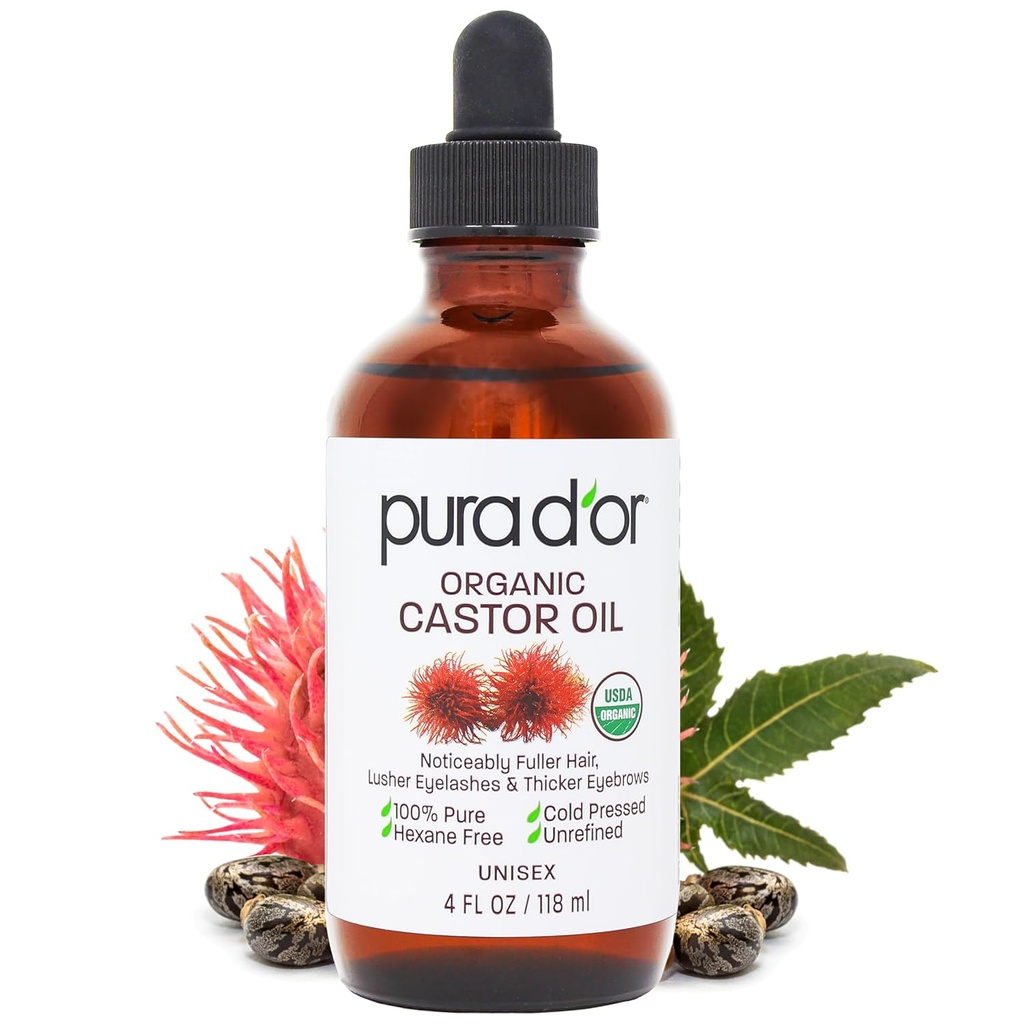 PURA D'OR 4 Oz ORGANIC 캐스터 오일 - 100 % 순수 USDA 인증 콜드 프레스, Hexane 무료 속눈썹 및 눈썹 혈청 - Fuller, 두꺼운 껍질 및 블로우 - 피부 및 헤어