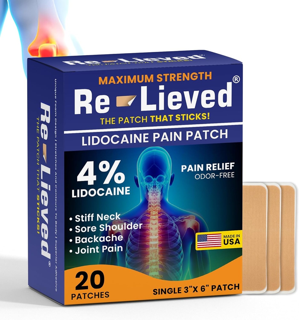 Re-Lieved 4% 리도카인 패치 최대 힘 - 알루미늄 자유로운, 물 저항하는 및 미국은 - Superior 끈으로 엮는 고통 안전 헝겊 조각 빨리, 합동 및 근육 Pain-3x6 인치 (20 조사)를 구호합니다