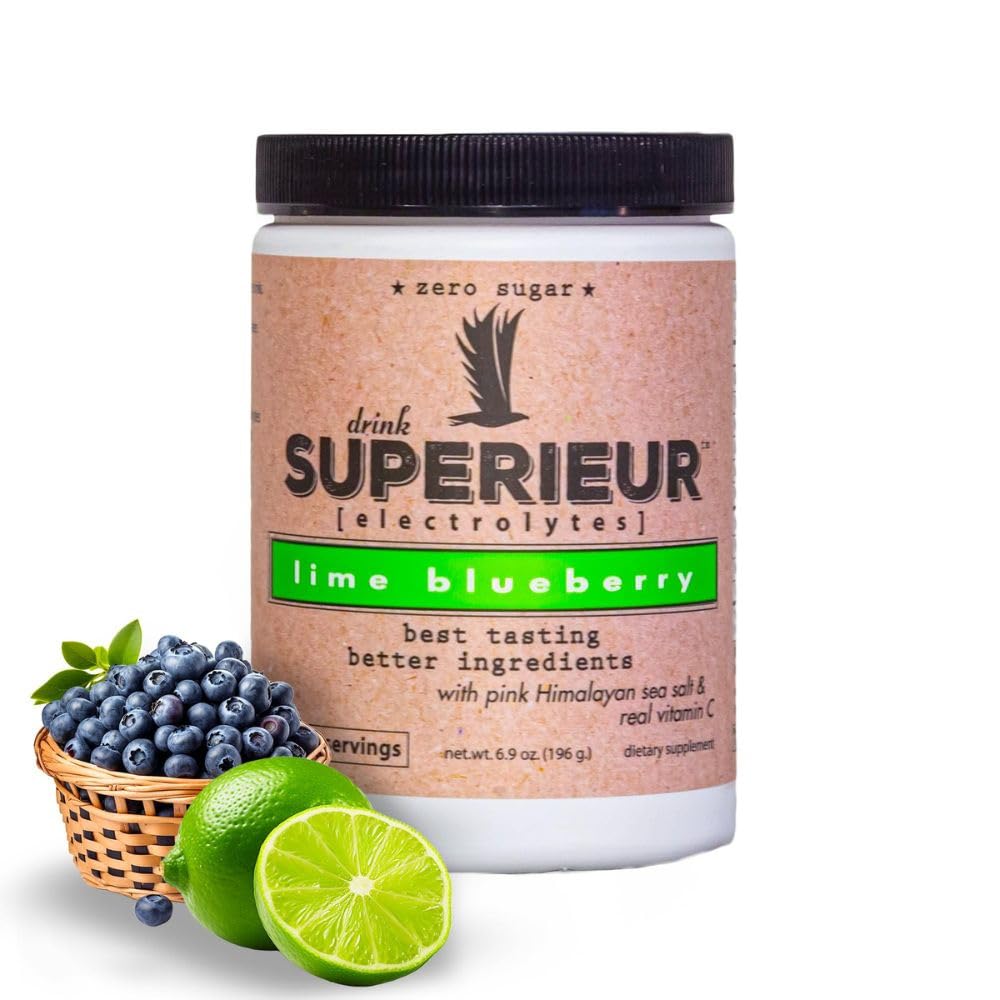 Superieur Electrolytes–Plant based Electrolyte Supplement w/Sea Minerals for Hydration & Recovery–Keto Friendly, Non-GMO, Zero Sugar, Vegan, 건강한 스포츠 음료 분말–Lime Blueberry (70 서빙)
