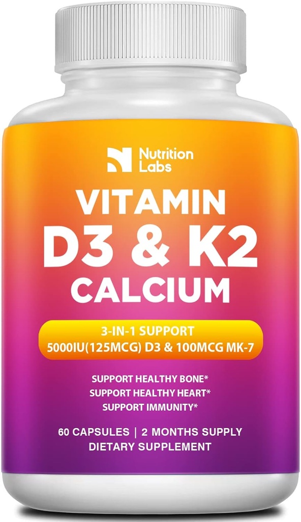 비타민 D3 K2 5000 IU 칼슘과 보충, Multivitamins는 면역성 건강, 강한 뼈, Bioperine 까만 고추 과일 추출물 60 조사를 가진 장 & 심장 기능 지원 (제 1)