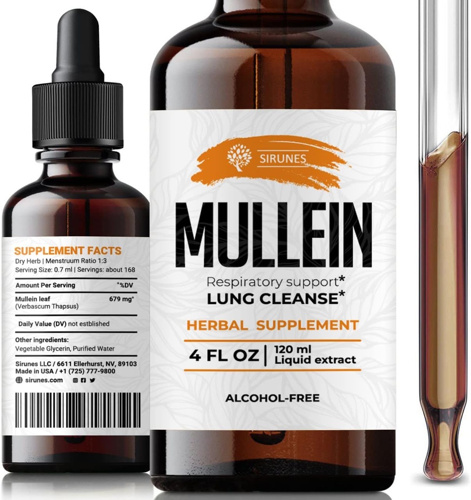 SIRUNES Mullein 잎 Verbascum Thapsus Dietary Supplement - Lung 홍보, 호흡 (Mullein 4Fl Oz)