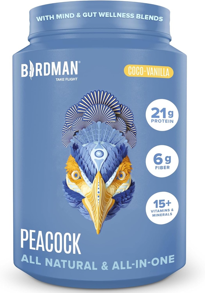 BIRDMAN Peacock Vegan Protein Powder | 마그네슘, 비타민 D, MCT 오일을 사용한 완전 플랜트 교체 쉐이크 | 남자와 여자를 위한 1개의 보충 교재 모두 | 부드러운 질감 | 코코 바닐라 맛