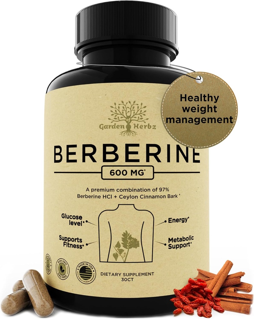 600 Mg Berberine 보충 - Berberine HCL & Ceylon Cinnamon 캡슐 여성 및 남성 - 건강한 체중 관리 및 소화를 지원합니다
