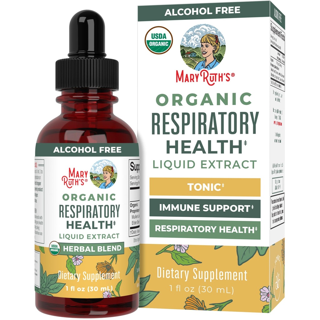 MaryRuth Organics USDA Organic Respiratory Health Liquid Drops with Mullein Leaf | Marshmallow Root & Elderberry | Lungs Herbal Blend용 Mullein Drop | 면역 지원 보충교재 | Vegan | 1 Fl Oz