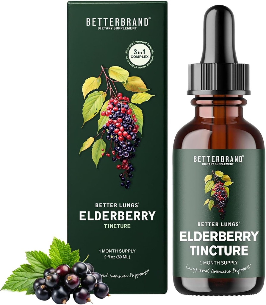 Betterbrand BetterLungs Elderberry Tincture Dietary 보충교재 - 겨울 면역 지원 (30 일)를 위한 모든 자연적인 설탕 자유로운 비 GMO 채식주의자