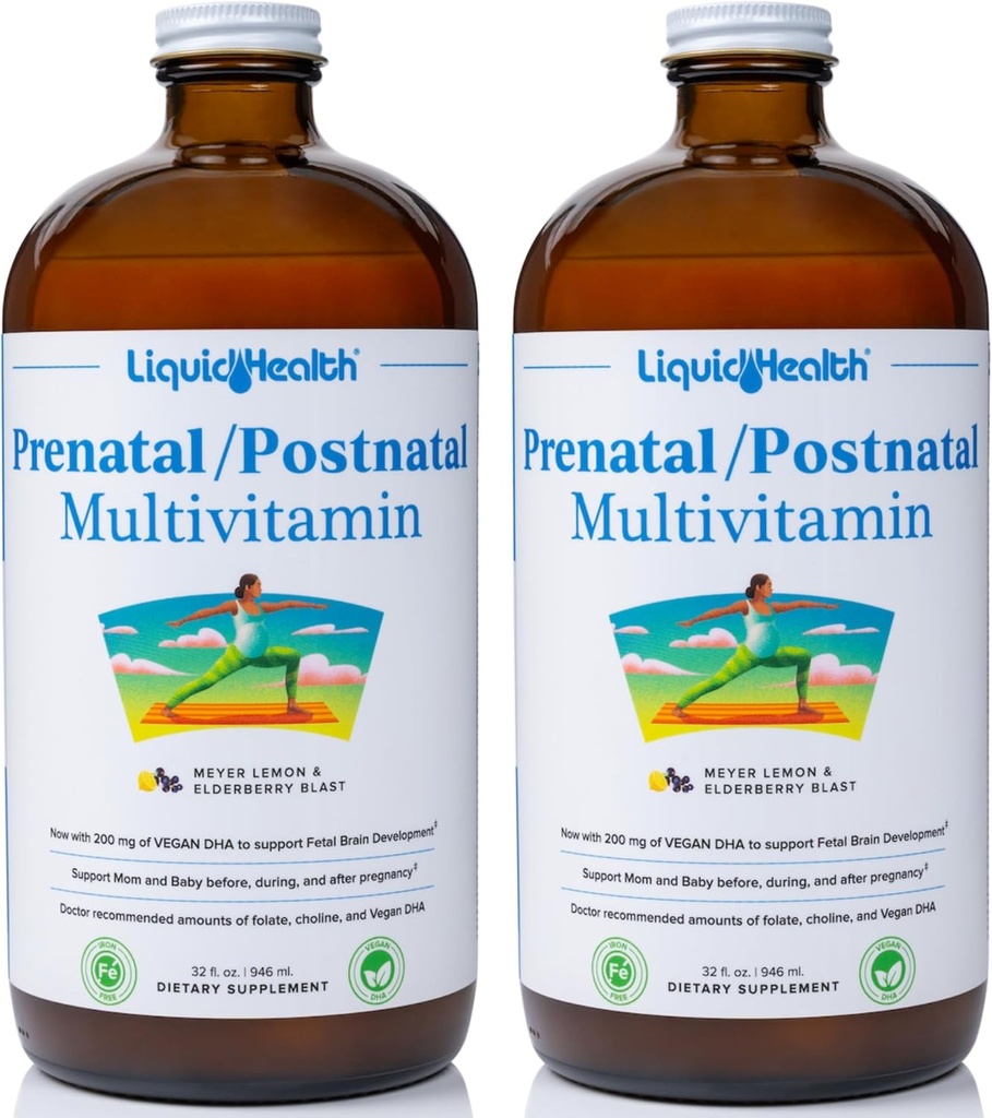 LIQUIDHEALTH Prenatal/Postnatal 다수 액체 여자 Real Folate를 가진 Multivitamin - 전에를 위한 전 & Postnatal 비타민, 도중, 임신 후에 - 미국, Vegan, 설탕 자유로운, 비 GMO (2 팩)에서 만드는