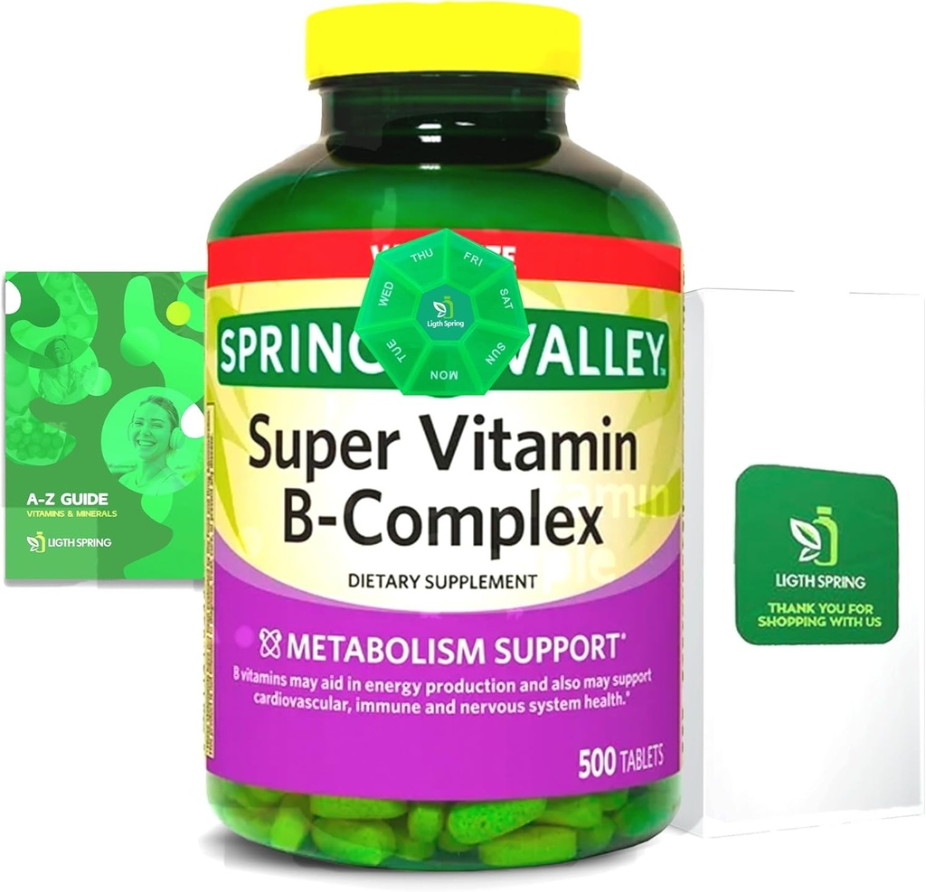 2 팩 라이트 스프링 슈퍼 B 복합 정제 - 비타민 B6, B12, C, Thiamine, Biotin - 글루텐 - 무료, Light&Spring 가이드와 함께 다이어트 보충 - 에너지 및 면역력을 지원
