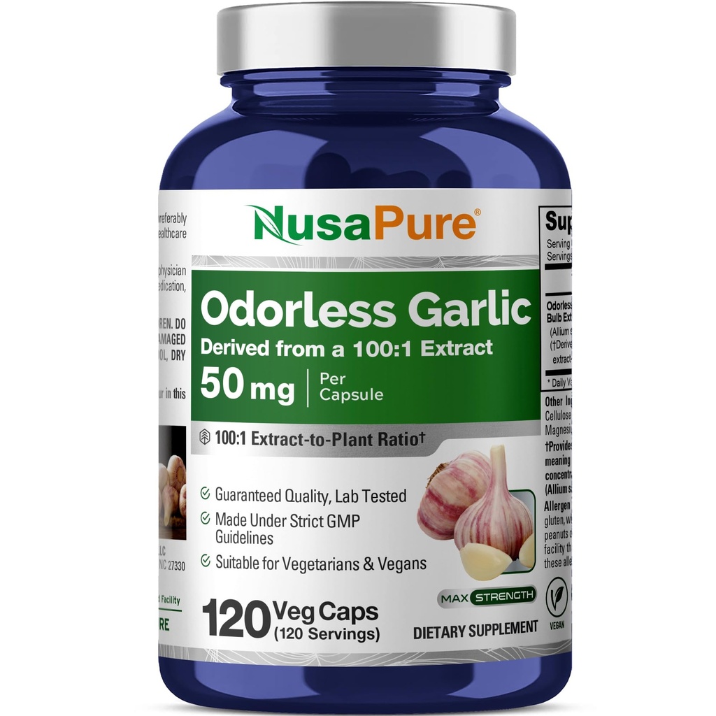 NusaPure 무취 마늘 100:1 추출물, 5000mg 캡슐에 동등한 50 mg | 120 Veggie Cap | 높은 효능 | 초본 보충 | 비 GMO