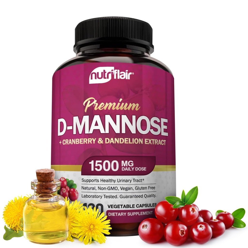 NutriFlair D-Mannose 1200mg, 120 캡슐 - Cranberry 및 Dandelion 추출물 - 천연 Urinary Tract 건강 UTI 지원 - 최고의 D Mannose 파우더 - Flush Impurities, Detox Body, 여성 및 남성용