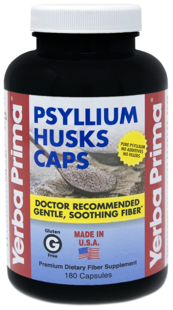 Yerba Prima Psyllium Husks 모자 규정식 섬유 625 mg, 180 캡슐 - 콜론 클렌징 보충 - Gut 건강 - 비 GMO 글루텐 무료