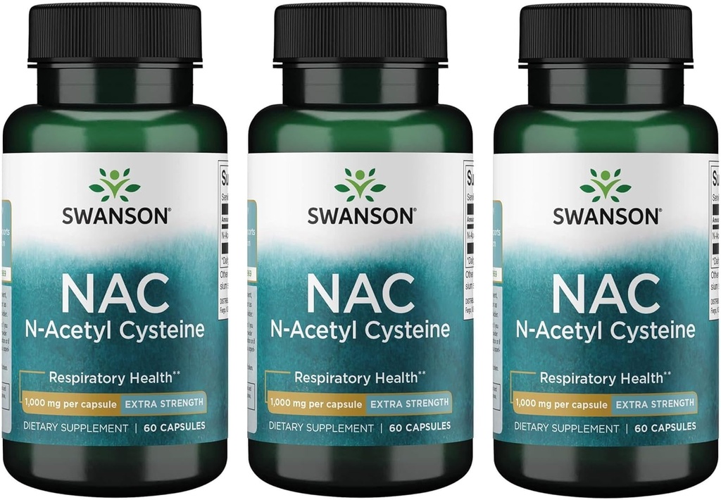 Swanson NAC N-Acetyl Cysteine - 산화 방지제 방지 호흡기 지원 - 아미노산 보충교재 1000 mg 60 캡슐 (3 팩)