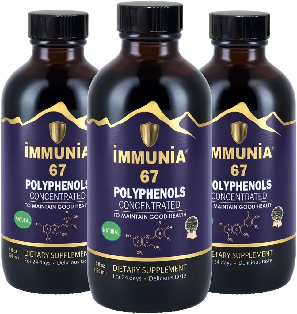 Immunia 67 폴리페놀 - Elderberry 농축 및 산화 방지제 과일. 67 폴리페놀(Anthocyanins, Quercetin, Resveratrol 등) 24일 병당 공급