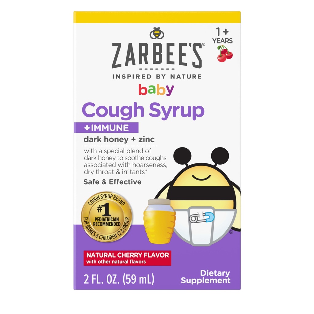 Zarbee's Baby Honey Cough Syrup + 아기 12-24 개월, 안전하고 효과적인 Cough Syrup Immune Support*, Drug & Alcohol-Free, Cherry, 2 fl. oz