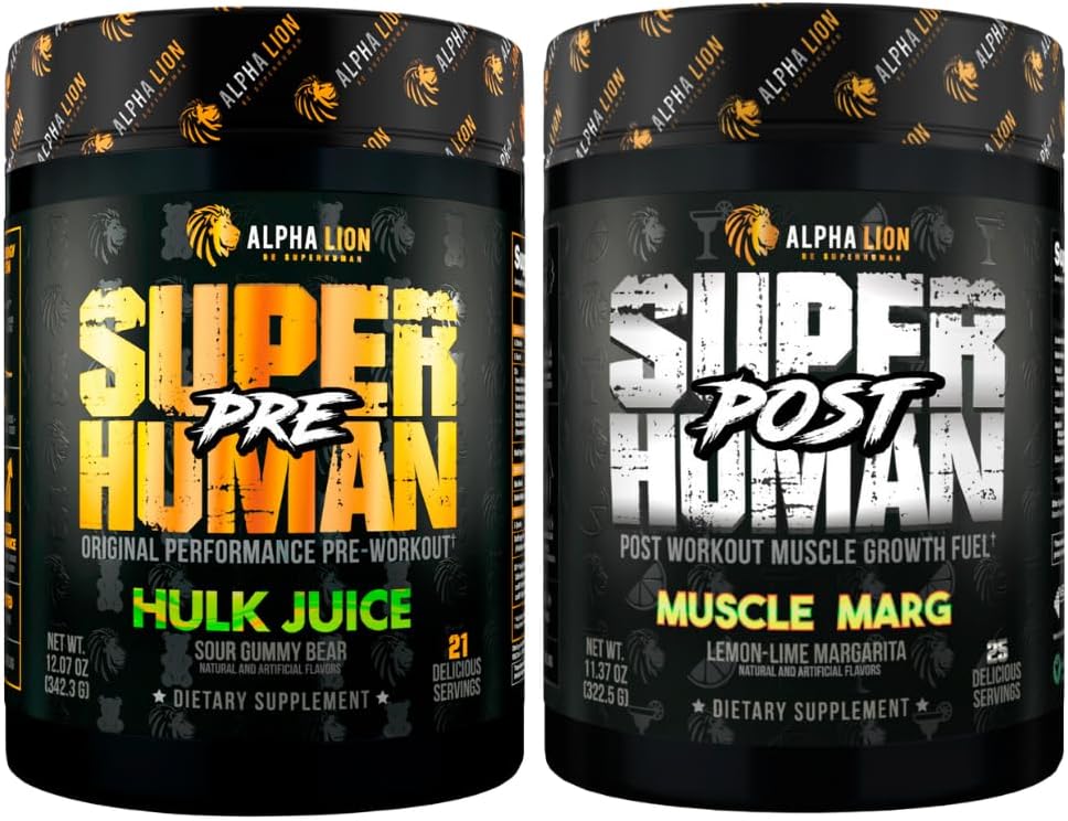 ALPHA LION Superhuman Pre 운동 분말 & 포스트 운동 회복 뭉치, 지속된 에너지 & 초점 + Lean 근육 성장, 힘 & 양 (Hulk 주스 & 근육 Marg