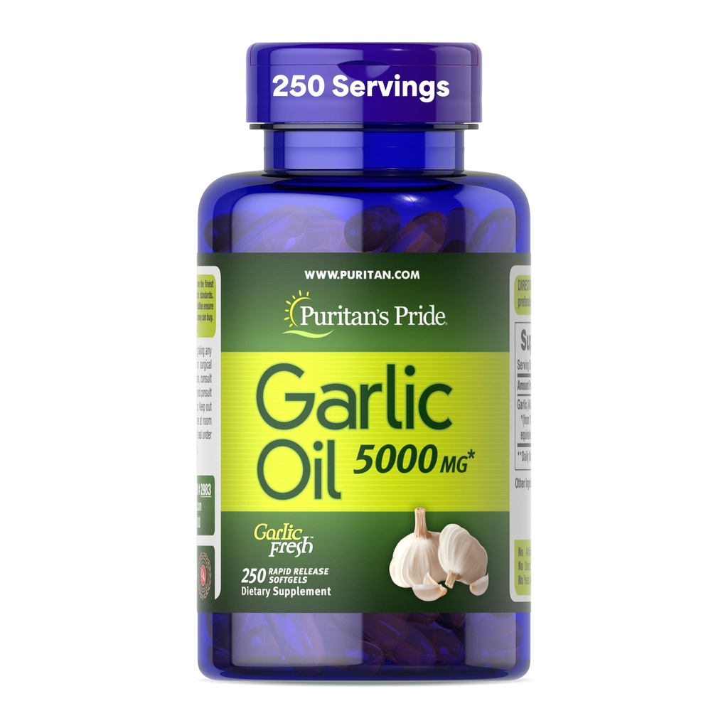 Puritan의 Pride Premium Garlic Fresh 5000mg, 항산화 특성을 가진 심장 건강 및 순환 지원을 위한 전통적인 규정식 보충교재, 250 급속한 방출 Softgels