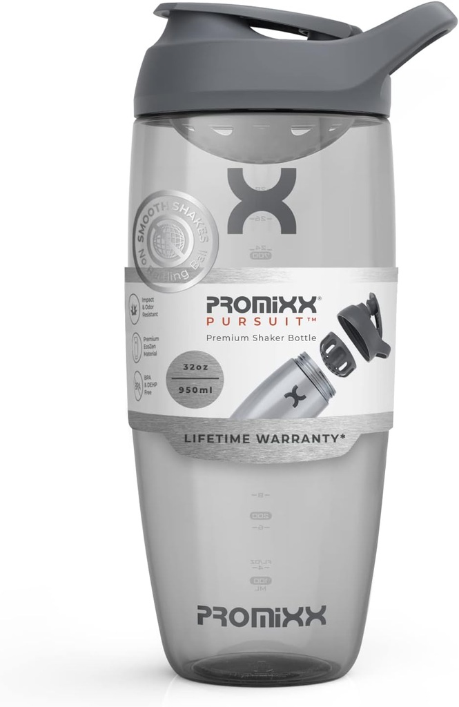 Promixx Pursuit Protein Shaker Bottle (32 oz) - Silent No-Ball 믹서, 누출 방지 뚜껑, BPA / BPS 및 Phthalate-Free ECOZEN - 단백질 쉐이크, Pre & Post-Workout 스무디를위한 쉬운 청소 셰이커 컵