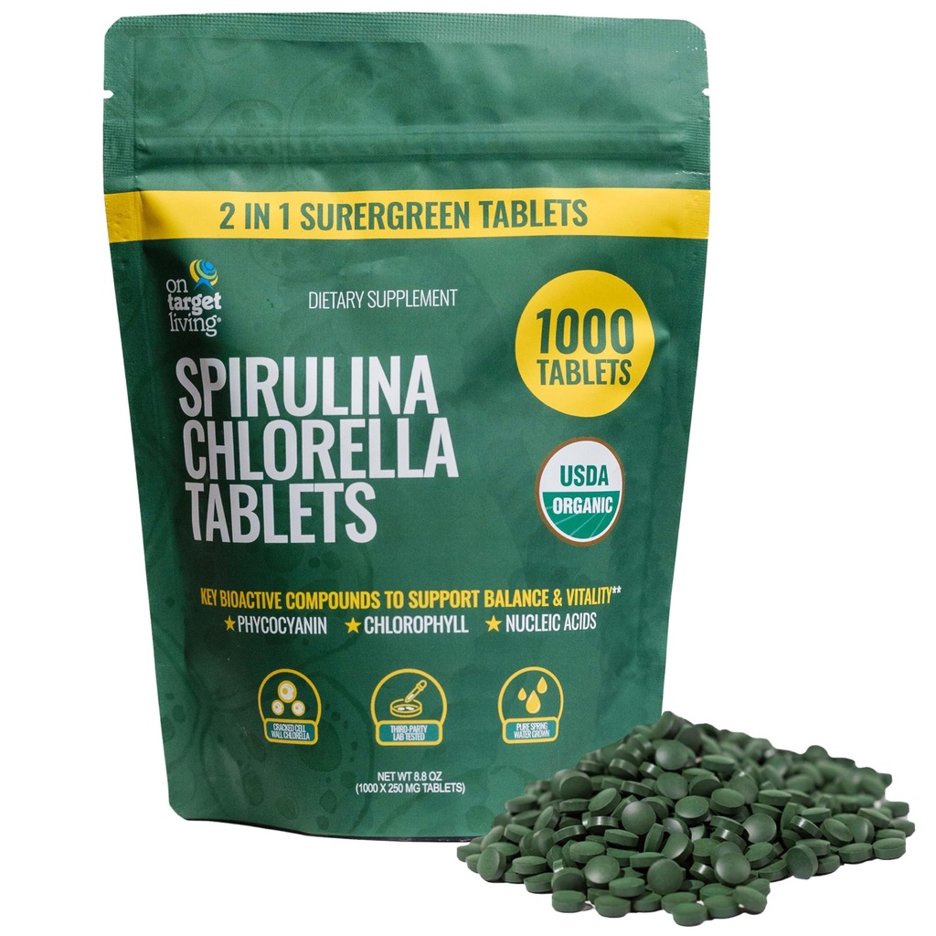 대상 생활 유기 Spirulina Chlorella | Supergreens | USDA Organic | 1000 Tablets - 250 G (8.8 oz) | Vegan | Immune Support | Alkalyzing | Nutrient Dense | 단백질 밀도