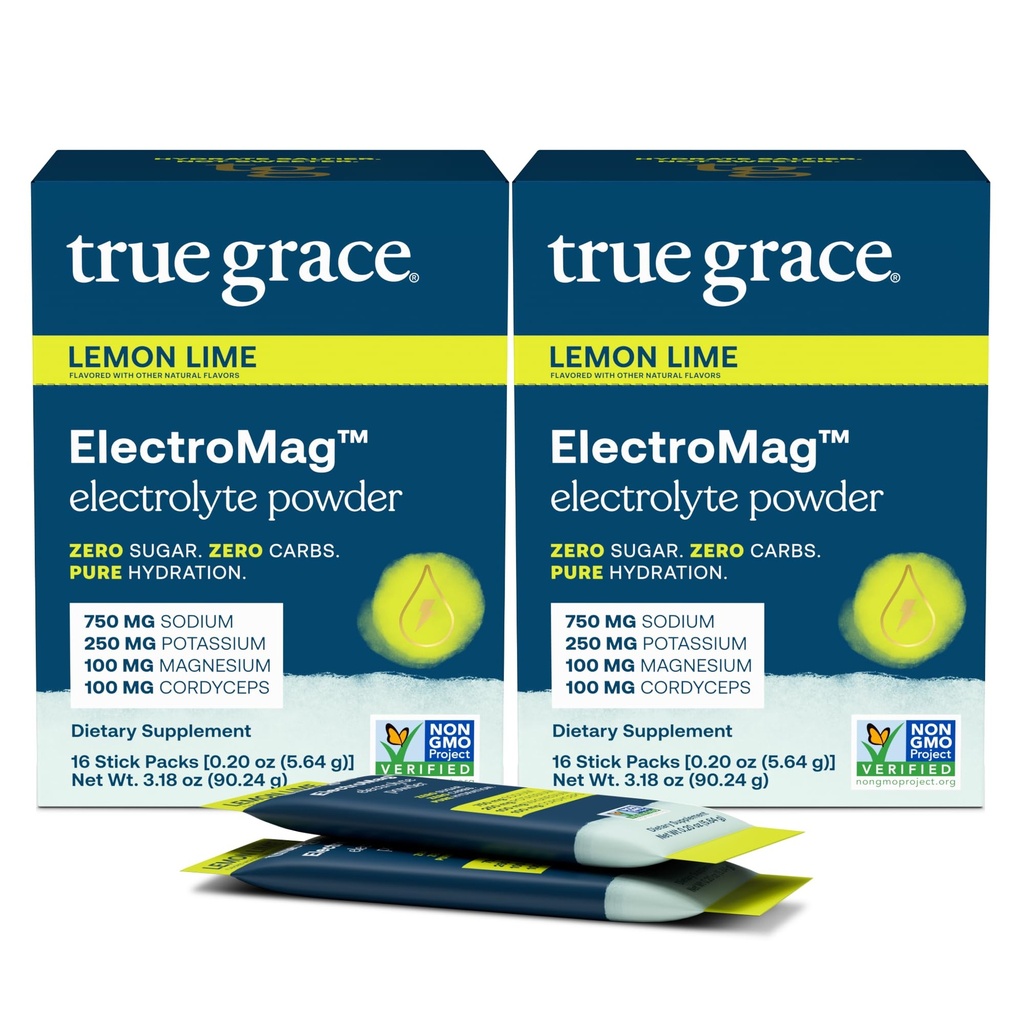 True Grace ElectroMag - 16 스틱 팩 (팩 2) - 레몬 라임 - Rapid Hydration 용 전자 분말 - 나트륨, 칼륨, 마그네슘 및 Cordyceps - Zero Sugar & Carbs - Non-GMO - 32 총 서빙