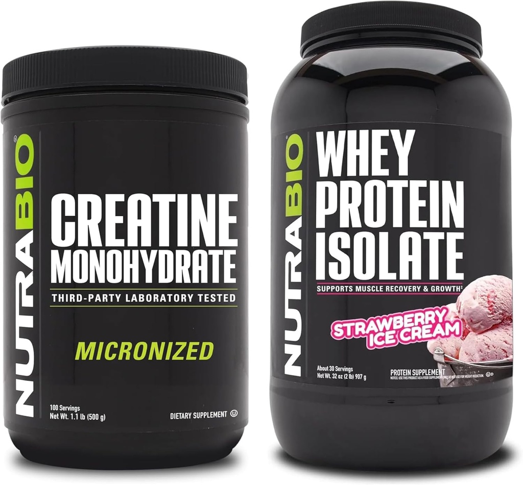 NutraBio Creatine Monohydrate, Unflavored, 500g 및 Whey Protein Isolate, Strawberry Ice Cream, 보충 번들 - 근육 에너지, Lean 근육 성장, 회복 및 힘