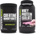 NutraBio Creatine Monohydrate, Unflavored, 500g 및 Whey Protein Isolate, Strawberry Ice Cream, 보충 번들 - 근육 에너지, Lean 근육 성장, 회복 및 힘