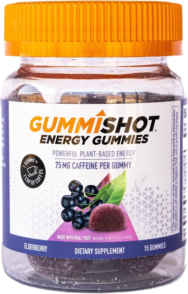 GummiShot 에너지 Gummies, 병 당 식물 기초 카페인 Chews의 1125 mg, 긴 Lasting 에너지 부스터, Elderberry (15ct)