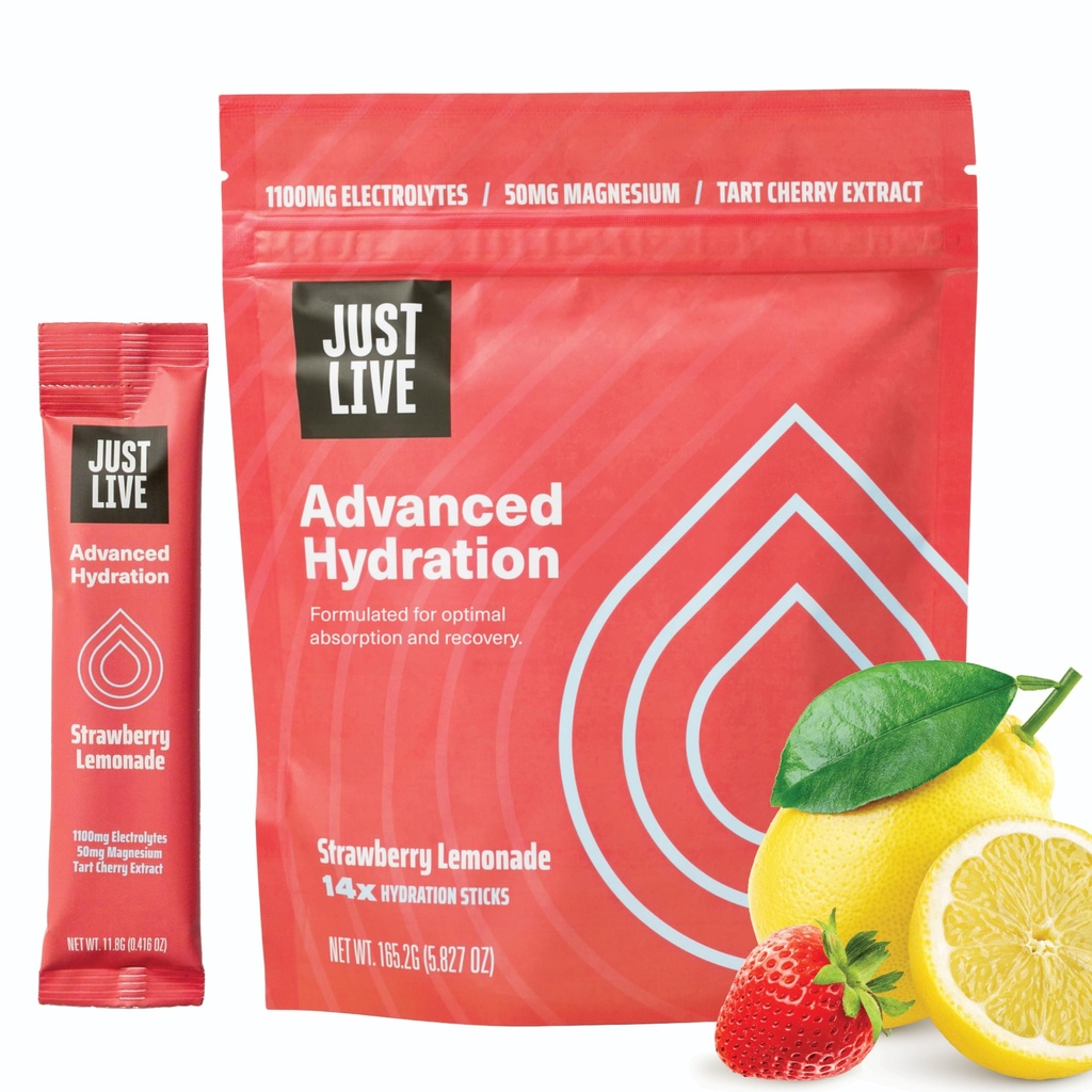 Just Live Advanced Hydration - Strawberry Lemonade, Electrolyte 음료 혼합, Tart Cherry Extract, 지원 복구 및 흡수, 낮은 설탕, 14 팩