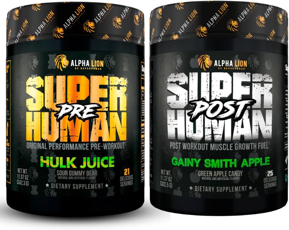 ALPHA LION Superhuman Pre 운동 분말 & 포스트 운동 회복 뭉치, 지속된 에너지 & 초점 + Lean 근육 성장, 힘 & 양 (Hulk 주스 & 게이 스미스 애플)