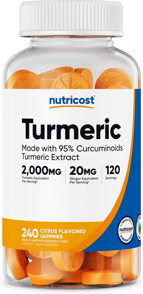 Nutricost Turmeric Gummies (240 Gummies) - 95 % Curcuminoids, 120 서빙, Ginger 및 Black Pepper Extract, Vegetarian, Non-GMO 및 Gluten Free로 만든 감귤류 맛