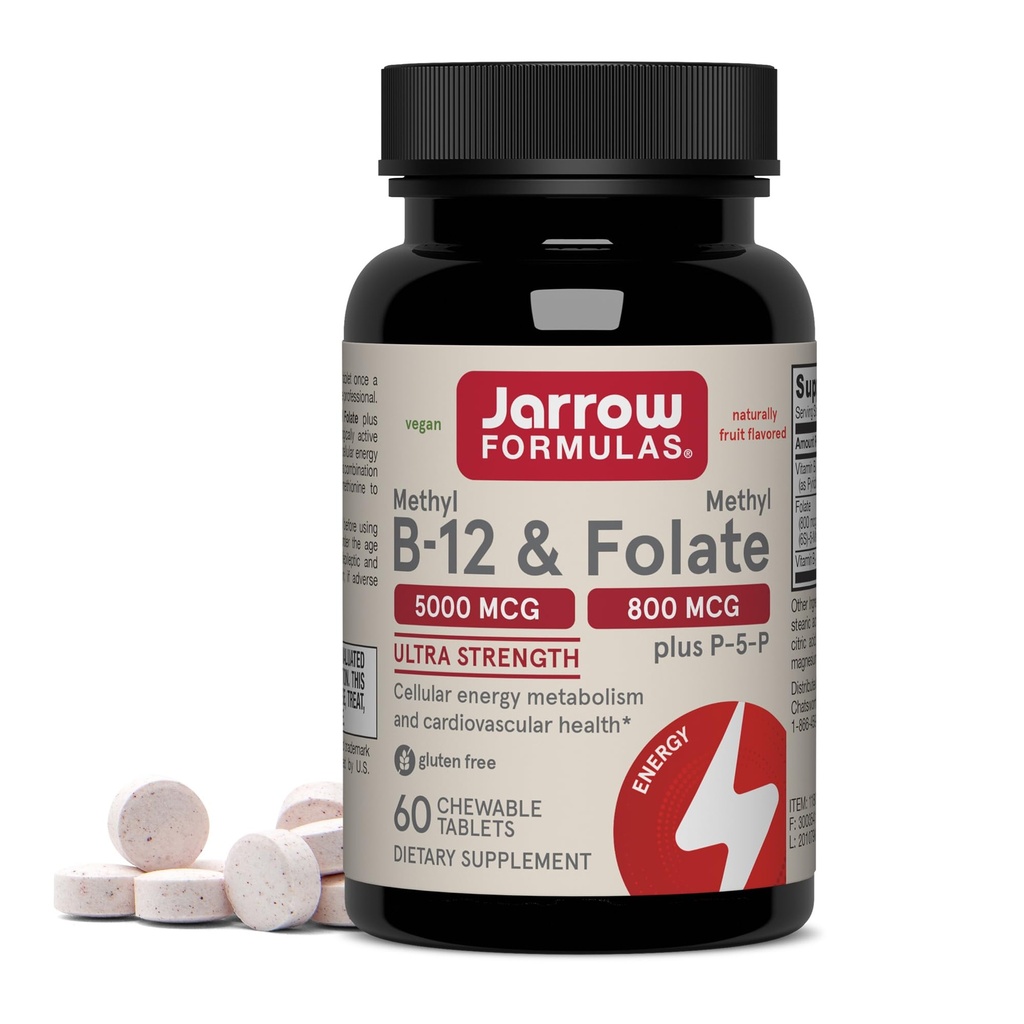 Jarrow 공식 메틸 B-12 & 메틸 Folate - 60 Chewable 정제, 체리 - 생물 활성 비타민 B12 & B9 - 에너지 생산, 뇌 기능 및 대사 지원 - 글루텐 무료 - 60 서빙