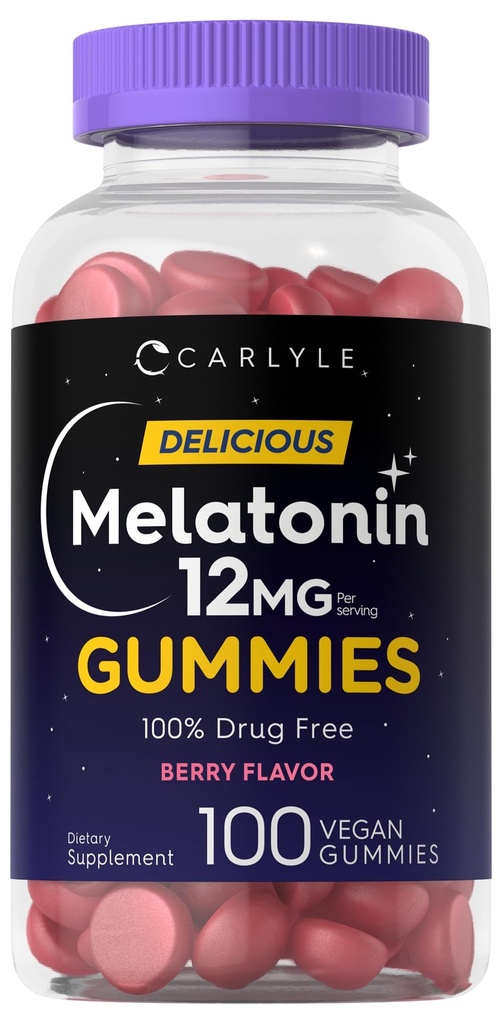 Carlyle Melatonin Gummies 12mg | 100 개 | 베리 맛 | Vegan Supplement | 비 GMO, 글루텐 프리
