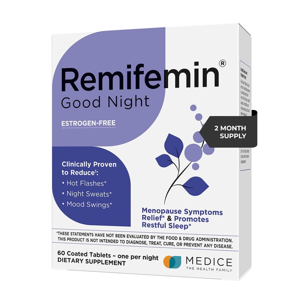 Remifemin 좋은 밤 - Menopause 증상 완화 및 휴식 수면 지원 - 임상적으로 입증 된 성분 - Menopause 보충제 - Black Cohosh - 에스트로겐 무료 - 독일 - 60 정제
