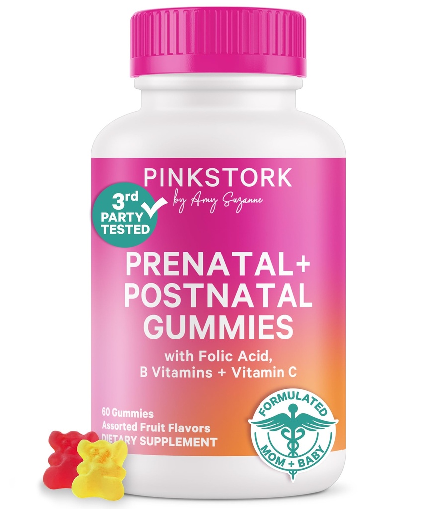 핑크 Stork Fertility + Prenatal + Postnatal Gummy Vitamins - 풀 어드벤처 여행 지원 - Folate, B 비타민, 아연 및 Biotin과 멀티 비타민 - 60 분류 과일 Gummies